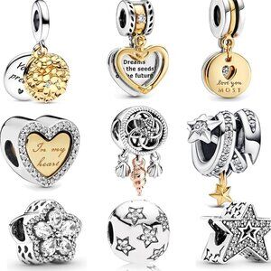 9 Pack Silver Dangle Bead Charms for Bracelets & Necklaces, Stylish Jewelry Set